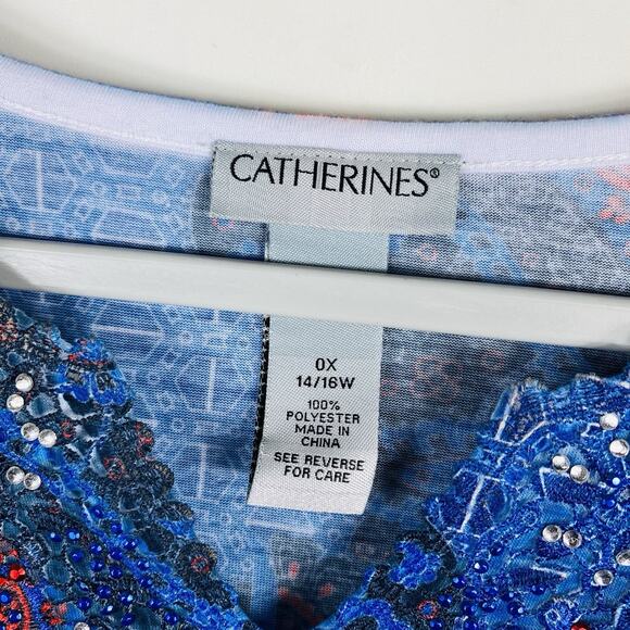 Catherines Plus Size 0X 14 16 Printed Embellished Peasant Top Blue Red - Picture 4 of 5